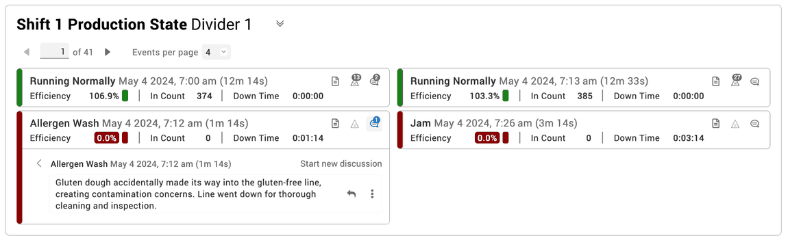 Screen capture from the Vorne XL software depicting a list of production events, one with a comment about why the process went down.