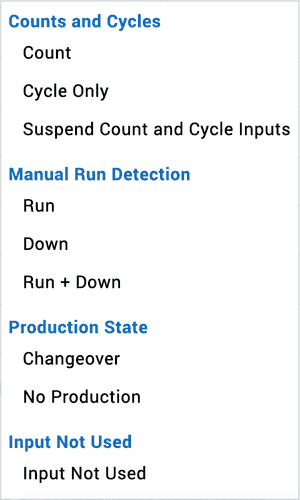 Screen shot of the updated digital inputs menu in Vorne XL with categories and additional options.