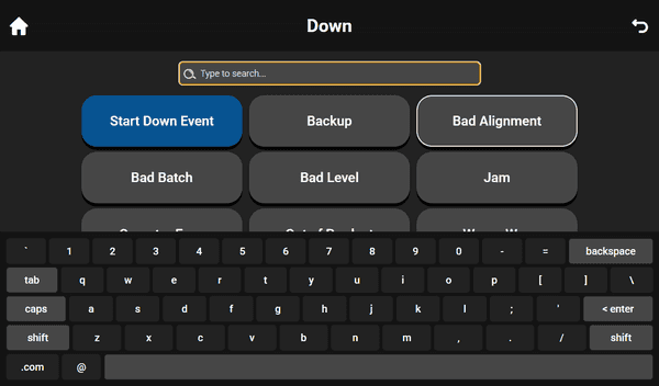 Touch UI Down Reasons screen depicting the new search keyboard functionality, as well as an outlined selected item.