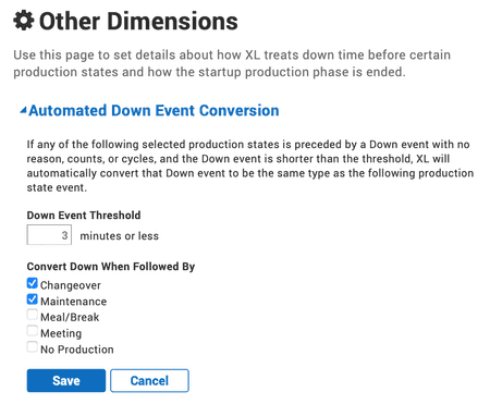 Snapshot of the automated down event conversion page in the Vorne XL Configuration view.