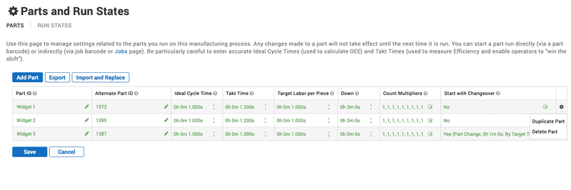 Snapshot of the Import and Replace feature in the XL Productivity Appliance part configuration table.