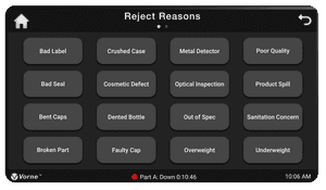 The XL Touch touchscreen depicting down reasons for an operator to select.